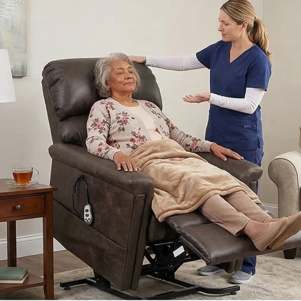 A caregiver checking in on a woman seated comfortably in her Golden Austin UC342 lift chair at home.